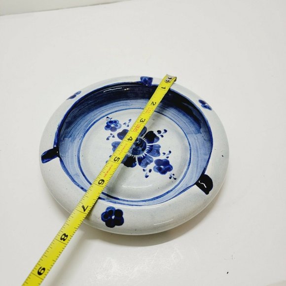 Handmade Germany Ceramic Blue Colbalt Flower Glazed Round Ashtray 7" wide Decor - Picture 4 of 6